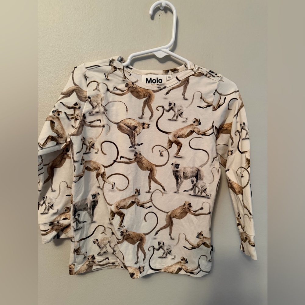 Molo Long Sleeve Shirt with Monkey Print - Cream and Brown